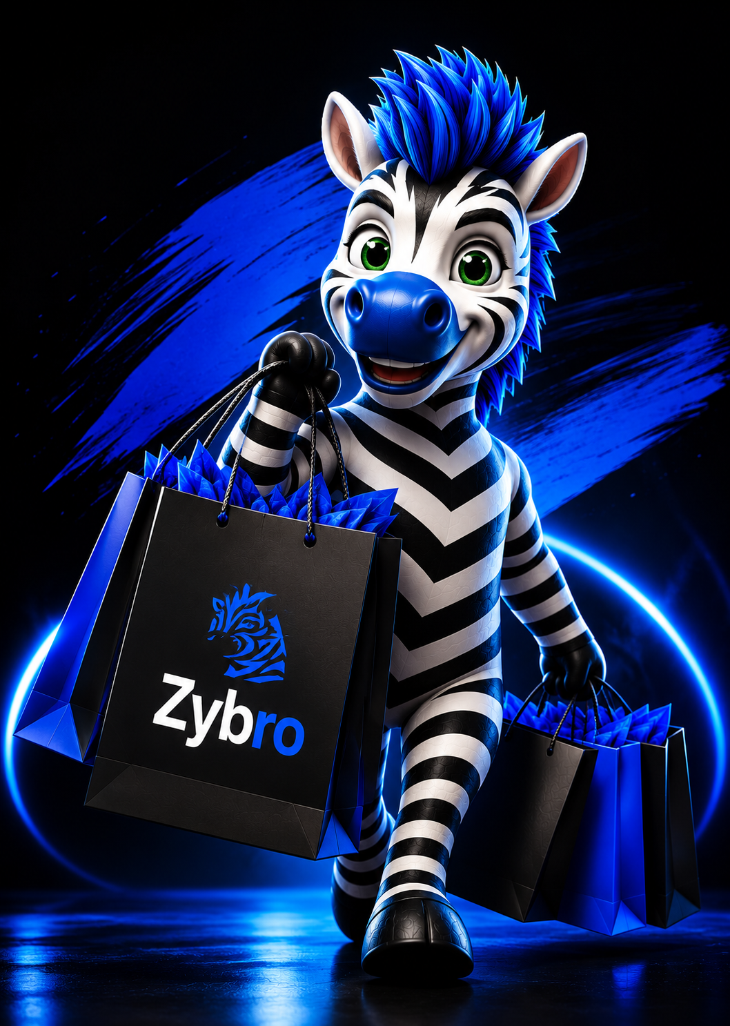 Zybro mascot carrying branded shopping bags
